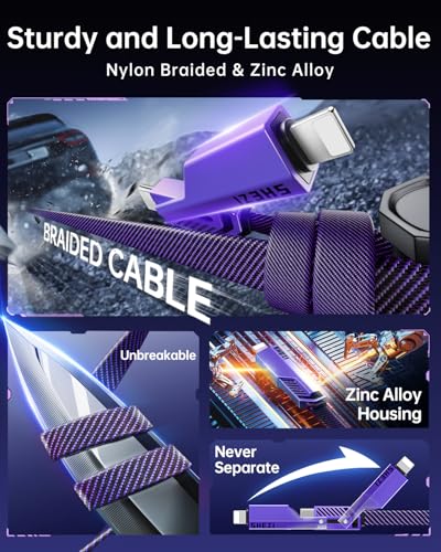 SHEZI 4-in-1 Fast Charging USB C Cable – 60 W Power Delivery with Lightning, USB C, and USB A Ports – 5 FT Durable Flat Nylon Braided Cord – Stylish Pink Design for i Phone, i Pad, and More – High-Speed 480 Mbps Data Transfer Solution for All Your Devices
