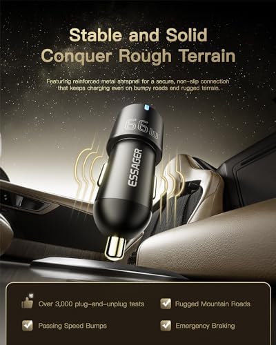 Essager 66 W Dual USB-C & USB-A Fast Charging Car Charger – Premium Aluminum Universal Adapter for Quick Charge 3.0, PD, and PPS – Ideal for i Phone 15/14/13/12 Pro Max and Samsung Galaxy Devices – Ultimate On-the-Go Power Solution