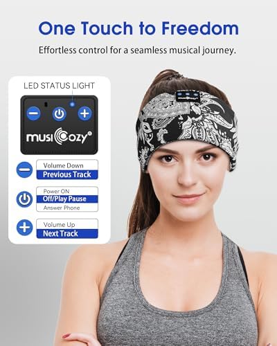 MUSICOZY Bluetooth 5.4 Sleep Headband – Ultra-Thin Stereo Earbuds for Uninterrupted Comfort and Performance, Sweat-Resistant for Active Lifestyles & Serenity (White Red) – Elevate Your Audio Experience with Innovative Design and Superior Sound Quality