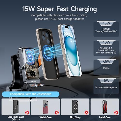 NOHON 15 W Qi Wireless Car Charger and Phone Holder with Auto Sensor Clamping – Rapid Charging Solution for i Phone 15, 14, 13, 12 Pro Max – Stylish Silver Design for Seamless Navigation and Road Safety Enhancement