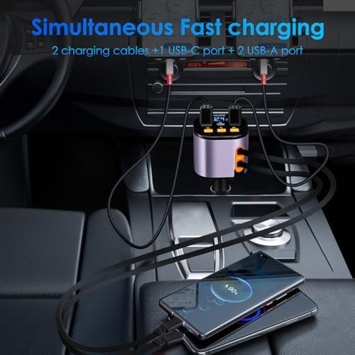 Ultimate 5-in-1 Fast Car Charger with Bluetooth 5.3 FM Transmitter – 90 W Retractable Charging Hub for i Phone 15/14/13 – Hands-Free Calling and Dual USB Ports for Seamless Connectivity and Quick Charging – Compact Black Design for Enhanced In-Car Experience