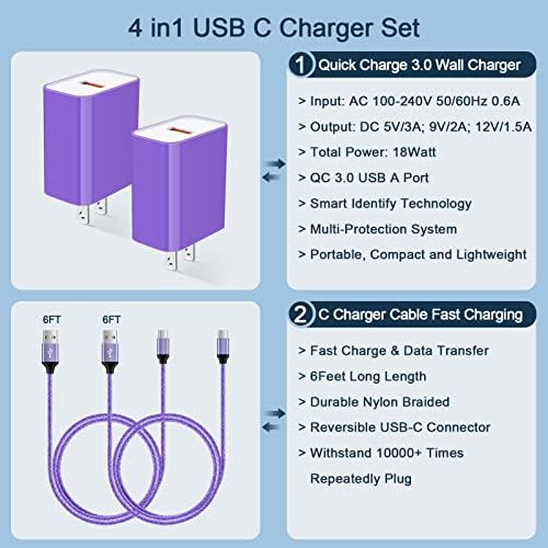 Rapid 18 W Quick Charge 3.0 Wall Charger for LG Devices – Ultra-Fast USB C Charging Solution with Two 6 FT Cables for Stylo, V, G Series, and Velvet – Compact, Safe, and Perfect for On-the-Go Power Needs
