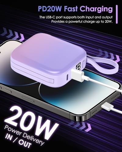 Ultra-Compact 10,000 m Ah Portable Power Bank – 22.5 W Fast Charging with Built-in i OS & USB-C Cables, Sleek LED Display, Lightweight Travel Charger for i Phone, Samsung & Android Devices – Stylish Purple Design for Modern Users