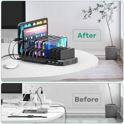 Ultimate 10-Port USB Charging Station with QC3.0 – 60 W Multi Charger Hub for Tablets & Smartphones, Customizable Dividers for Organized Power Management, Fast Charging Technology for Home & Office Use