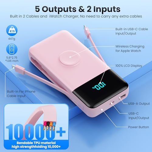 High-Capacity 40800 m Ah 5-in-1 Portable Power Bank with Fast Charging for i Phone and Apple Watch – Dual Built-in Cables, Magnetic Wireless Charger, LED Display, Ideal for Travel and Outdoor Adventures, Compatible with Android and More Devices