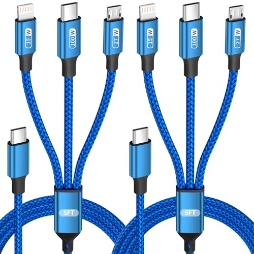 Power Up Your Devices with the 100 W USB C Multi Charging Cable – 3-in-1 Fast Charging Solution Featuring E-Mark Chip for Enhanced Safety and Universal Compatibility with USB C, Lightning, and Micro USB Devices – 5 FT Length, 2-Pack for Ultimate Convenience and Efficiency in Charging Smartphones, Tablets, Laptops, and More