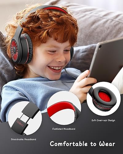 K16 Kids’ Foldable Wired Headphones with Microphone – Lightweight On-Ear Stereo Bass Design in Vibrant Pink and Red for School, Gaming, and Tablet Use – Compatible with Kindle, Chromebook & More – Durable Comfort for All-Day Listening