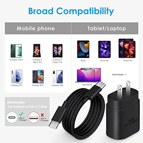 25 W USB-C Fast Charging Block with C-to-C Cable – High-Speed Compact Charger for Galaxy S24/S23/S22, Pixel 8/7, i Phone 16/15 & Z Flip 5 – Optimal PD & PPS Compatibility for Safe, Efficient Power Delivery – Travel-Ready Design for On-the-Go Charging