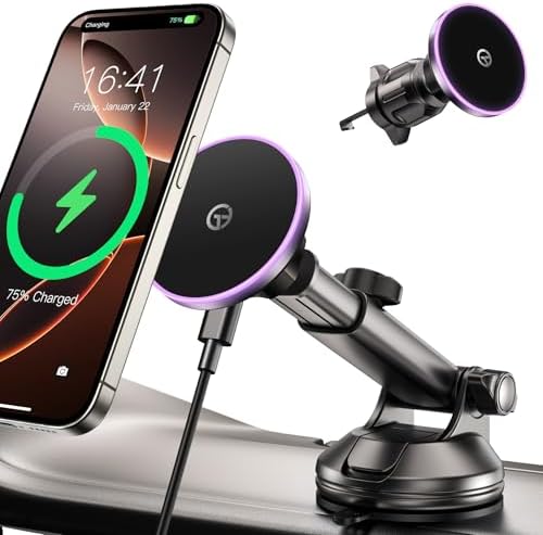 Mag Safe Wireless Car Charger Mount – Ultimate Magnetic Phone Holder for i Phone 12-16 Series, Dash/Windshield/Vent Compatibility, Enhanced Quick Charge with LED Light for Safe Navigation and Seamless Connectivity