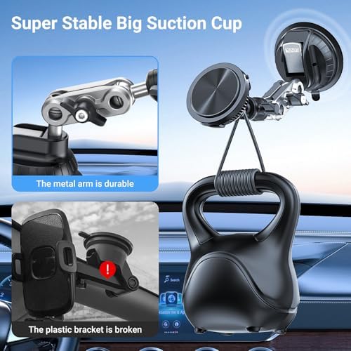 Aluminum Alloy Magnetic Car Phone Holder with 15 W Fast Charging – 360° Adjustable Rotation for Optimal Viewing, Secure Large Suction Cup for Windshield & Dashboard, Perfectly Compatible with i Phone 16/15/14/13/12 Series and All Qi-Enabled Devices – Effortless Navigation & Charging on the Go
