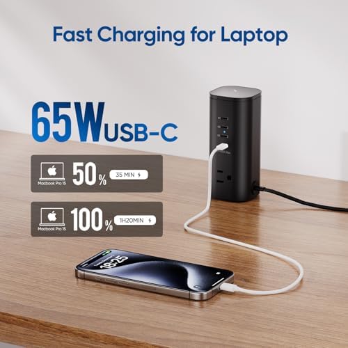 Ten Trend Surge Protector Tower: 160 W Fast Charging Hub with 3 AC Outlets & 8 USB Ports (4 USB-C) – 5 FT Flat Plug Extension for Home Office Efficiency and Device Safety