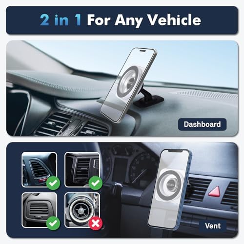 Magnetic Phone Holder for Car – Adhesive Car Phone Mount with 360-degree Rotation for Dashboard and Air Vent – Compatible with iPhone and Android – Enhanced Compatibility and Speed