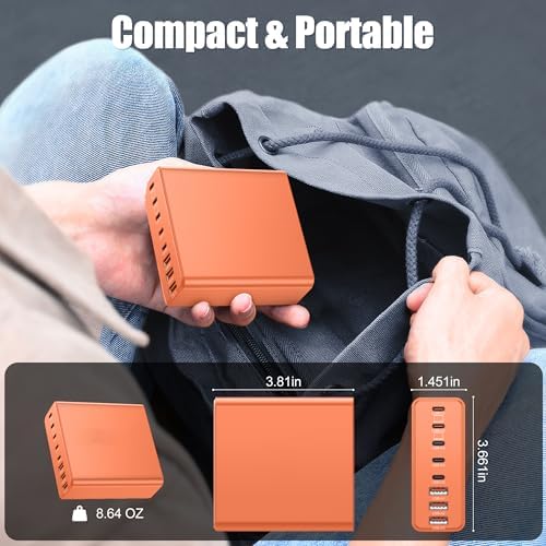 Ultra-Compact 8-Port USB-C Fast Charging Hub with Ga N III Technology – Versatile Power Adapter for Mac Book Pro, Dell, i Pad, i Phone & Samsung Galaxy – Striking Orange Design for Home, Office & Travel Convenience