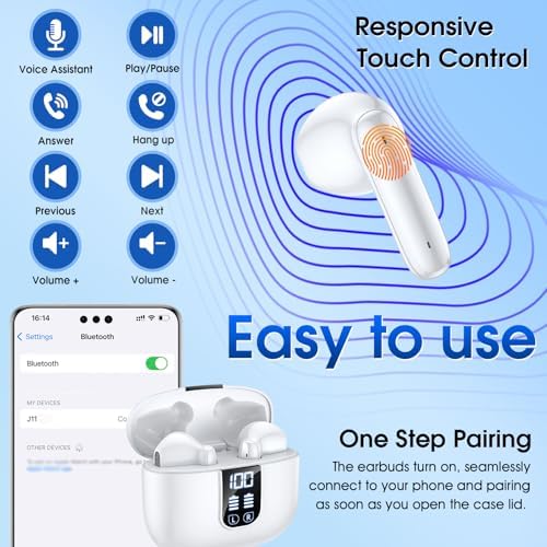 Next-Generation Bluetooth 5.4 Wireless Earbuds with Deep Bass Audio and IPX7 Waterproof Design – 35 Hours of Playtime, Advanced Environmental Noise Cancellation for Superior Call Clarity, Ergonomically Crafted for Ultimate Comfort, LED Battery Monitoring, Compatible with Android and i OS Devices, Elegant White Aesthetic