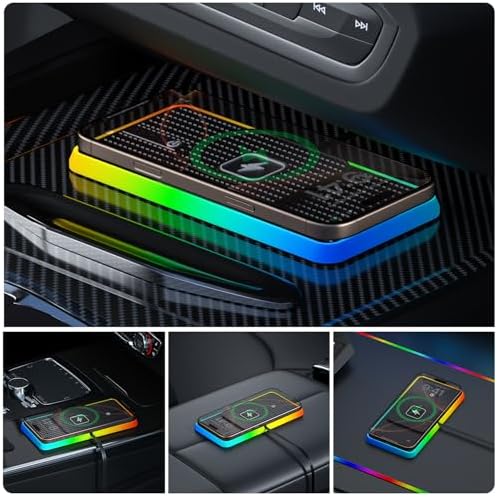 POLMXS C1-Pad Wireless Car Charger – 15 W Fast Charging Pad for i Phone 16/15/14/13/12 & Galaxy S23/S22/S21/Note10 – Advanced Heat Management & Unique Design for Bulge Cameras – Universal Qi Compatibility with Ambient Lighting Options for Personalized Drives