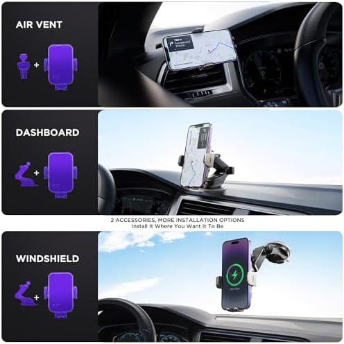 High-Speed Wireless Car Charger with Auto-Clamping Phone Mount and RGB Backlight – 15 W Qi-Compatible Charging for i Phone 15, 14, 13, 12 Mini, Pro Max, 11, XR, X, Samsung Galaxy S23 Ultra, S22, S21+ – Sleek Silver Design for Enhanced Aesthetics and Safety on the Road