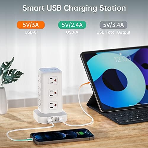 Elevate Your Charging Efficiency with the 12-Outlet Tower Surge Protector Power Strip – 6.5 Feet Extension Cord, 4 USB Ports Including USB-C, Compact Charging Station for Office and Home, Enhanced Surge Protection for Ultimate Device Safety