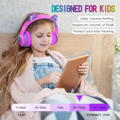 IFECCO Wireless Kids Bluetooth Cat Ear Headphones – Fun Light-Up Design with Volume Limiting Feature, Built-in Microphone, and Foldable Portability for Travel and Learning – Ultimate Gift for Young Music Enthusiasts