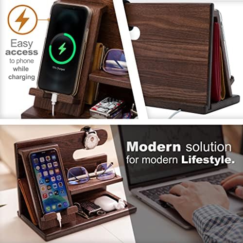 TESLYAR Wood Phone Docking Station for Men – Desktop or Nightstand Organizer – Birthday Gifts for Men, Dad – Anniversary Idea from Wife – Key Holder, Stand Wallet, Watch & Essentials (Antique Brown) – Enhanced Compatibility and Speed