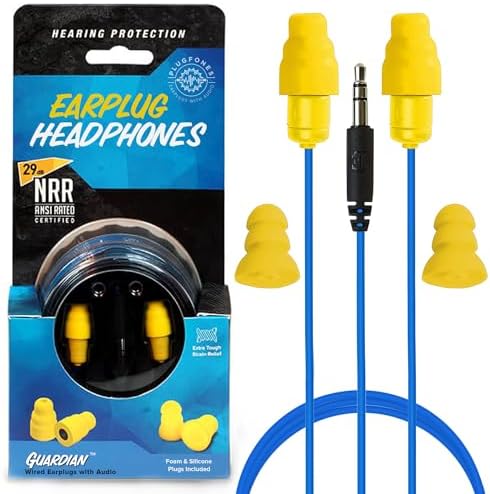 Plugfones Guardian Hybrid In-Ear Headphones with 29 d B Noise Reduction – OSHA Compliant Earplug Earbuds for Ultimate Hearing Protection and Superior Sound Quality – Includes Waterproof Case (Blue & Orange) for Easy Portability and Enhanced Durability