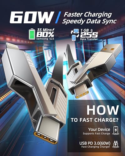 Ultimate 4-in-1 USB C to Lightning Charging Cable – 60 W High-Speed Power & Rapid Data Sync for i Phone, Samsung, i Pad – 10 FT Multi-Device Charger with Car Play & Android Auto Compatibility – Robust, Durable Design for Everyday Use