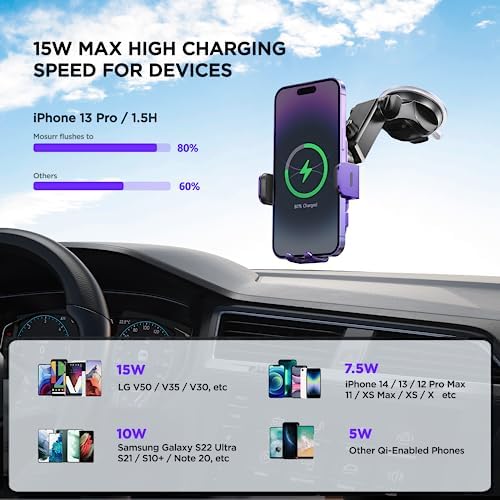 High-Speed Wireless Car Charger with Auto-Clamping Phone Mount and RGB Backlight – 15 W Qi-Compatible Charging for i Phone 15, 14, 13, 12 Mini, Pro Max, 11, XR, X, Samsung Galaxy S23 Ultra, S22, S21+ – Sleek Silver Design for Enhanced Aesthetics and Safety on the Road
