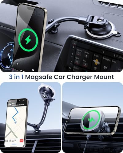 OQTIQ Magnetic Wireless Car Charger for i Phone 12-16 Series – 15 W Fast Charging with Secure Magnetic Mount, Versatile Windshield, Dashboard, & Air Vent Compatibility, Includes QC 3.0 Adapter for Optimal Performance – Upgrade Your Driving Experience with Effortless Charging & Navigation Access