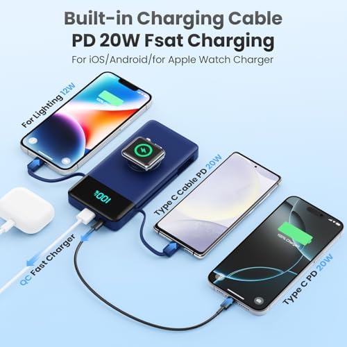 Ultra-Compact 6-in-1 10800 m Ah Power Bank with Built-In Cables & AC Plug – Fast Charging for i Phone, Android, and Apple Watch – LCD Display for Easy Power Monitoring – Lightweight, Travel-Friendly Battery Pack for Multi-Device Charging – Perfect for i Phone 16/15/14 Series, Samsung Galaxy, and More – Enjoy Unmatched Versatility and Convenience on the Go