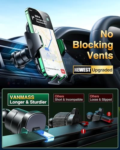 VANMASS Military-Grade Car Phone Holder – Maximum Durability for i Phone 16, 15 Pro Max, 14, 13 & Android Devices – Ultimate Dashboard, Windshield & Vent Mount with Secure Suction & Clip Mechanism for Safe Navigation – 360-Degree Adjustable Viewing for Effortless Access – Heavy-Duty Cell Cradle for Confident Driving