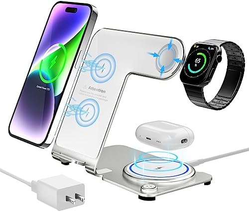 Transform Your Charging Experience with the Advanced Aluminum Alloy 3-in-1 Wireless Charging Station for Apple Devices – Lightning-Fast and Sleek Charger for i Phone 15/14/13/12/11 (Pro Variants), Apple Watch 8/7/6/SE/5/4/3/2, and Air Pods 3/2/Pro – Ultimate Space-Saving Solution for Effortless Organization and Quick Power Delivery