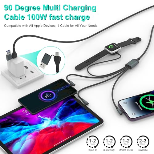 Maximize Device Efficiency with the 10 FT 4-in-2 Multi Charging Cable: Unmatched USB C & Lightning Compatibility for i Phone 15/14, Galaxy S23, and Apple Watch – Experience 100 W Fast Charging with Innovative 90-Degree Connector for Effortless Connectivity Across All Your Gadgets