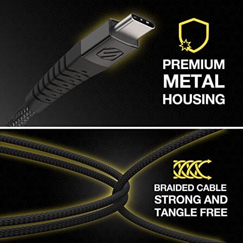 Scosche Strikeline 6 ft Premium USB-C Right-Angle Braided Charging Cable – Fast Charge & Sync for Enhanced Device Compatibility – Sleek White/Silver Design for Gamers & Professionals