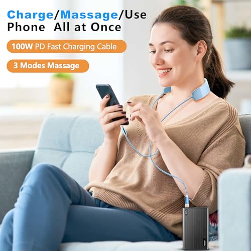 Innovative 100 W Fast Charging Neck Massager Cable with 3 Adjustable Silicone Vibration Modes | Durable 1.45 M Nylon Braided USB C to USB C Connector | Perfectly Compatible with i Phone 15/16 & Android/i Pad (No Power Bank Required) – Ultimate Relaxation Meets Rapid Device Charging