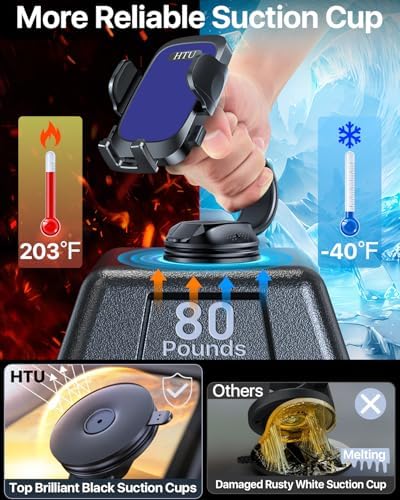 HTU Premium Adjustable Suction Car Phone Holder with Bendable Arm – Ultimate Dashboard and Windshield Mount for i Phone 16, 15, 14, 13, 12 Pro Max (Black) – Secure Grip, 360-Degree Rotation, Enhanced Safety and Usability