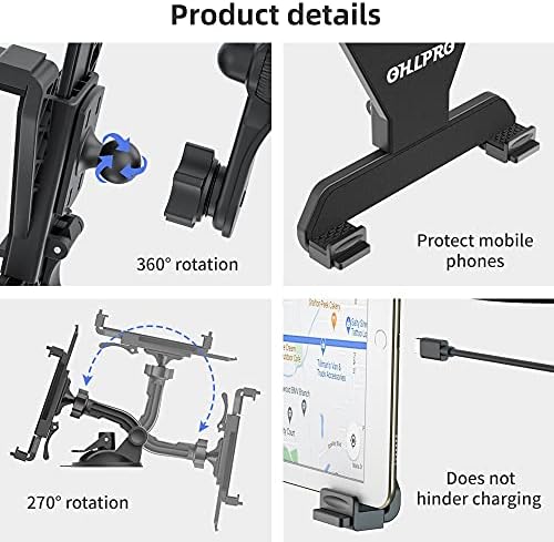 OHLPRO 360° Adjustable Tablet Holder for Car – Versatile Suction Cup Mount for 7″-13″ i Pad and Tablets – Sturdy Arm Clip for Optimal Viewing – Enhanced Compatibility for Windshield & Truck Vent Use – Perfect for Navigation & Entertainment During Road Trips – Durable and Easy to Clean Design