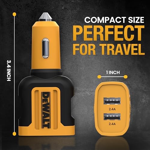 DEWALT 24 W Dual USB Car Charger Adapter – Heavy Duty Fast Charging Cigarette Lighter Power Source for i Phone, Samsung Galaxy & i Pad – Reliable, Durable & Safety-Enhanced On-the-Go Charging Solution for All Your Devices