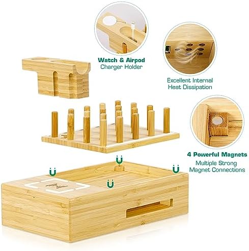 Eco-Friendly Bamboo Wireless Charging Station – Versatile Docking Organizer with 7 USB Ports for Fast Qi-Certified Charging of Smartphones, Smartwatches, Earbuds, and Tablets – Sleek Design for Enhanced Productivity and Clutter Reduction