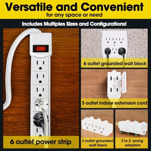 Comprehensive 7-Piece Multi-Outlet Power Management Kit – Versatile 6 Outlet Power Strip, Dual Outlet Extenders, 5 Ft Indoor Extension Cord & 3 Prong Adapters for Enhanced Compatibility – Essential Home & Office Surge Protection Solution in Sleek White Design