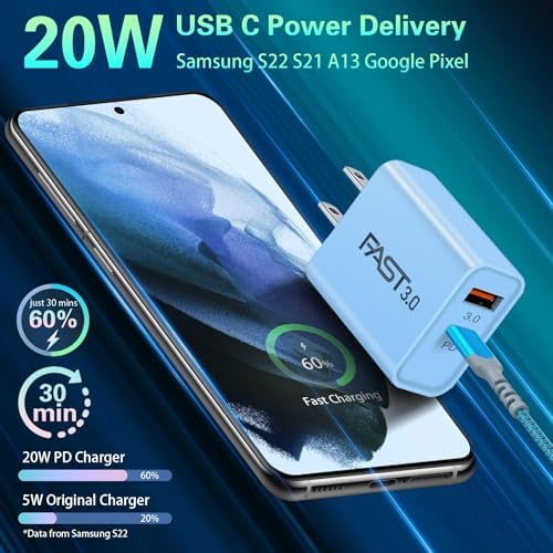 Dual Port Fast Charging Wall Adapter with 10 FT Right-Angle USB C Cable – 20 W USB-C Power Block for i Phone 16/15, Samsung Galaxy S25 Ultra, S24, S23, S10 – Efficient Charging Convenience for Home, Office, and Travel