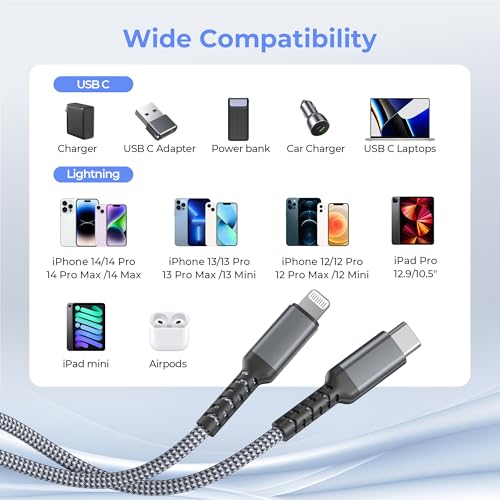 10-Foot Elebase USB C to Lightning Charging Cable for i Phone 14, 13 & More – Fast Power Delivery with USB A Adapter – Enhanced Flexibility for Seamless Device Connectivity – Durable 20 W Quick Charge Cord for i Pad 8 th & 9 th Gen, Apple Models XS, XR, X, 8, 7, 6, SE – Perfect for On-the-Go Charging and Syncing