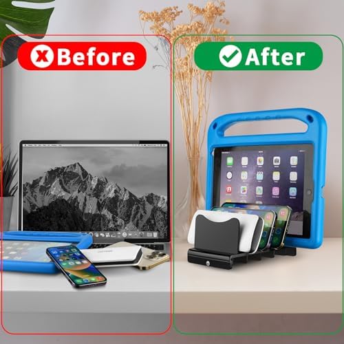 Sleek Acrylic Multi-Device Charging Stand – Black Organizer for Power Banks, Phones & Tablets – 4 Slot Desktop Holder with Enhanced Airflow for Rapid Charging & Tangle-Free Storage – Ideal for Home & Office Use