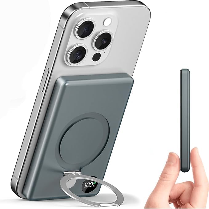 Kuulaa 10000 m Ah Magnetic Power Bank with LED Display – PD 20 W Fast Charging, Ultra-Slim Portable Charger for i Phone 16/15/14/13/12 – Mag Safe Wireless Battery Pack with Built-in Stand for Enhanced Mobility and Convenience