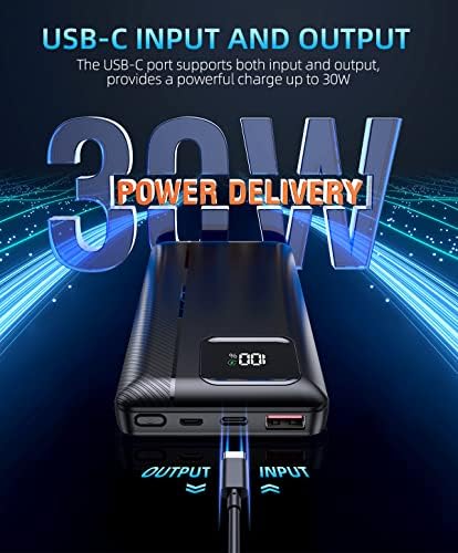 Ultimate 16000 m Ah Portable Power Bank with Built-In Dual Output Cables – Fast PD 30 W & QC 4.0 Charging, LED Display, Ideal for i Phone, Android & All Electronic Devices – Compact Travel Essential for Uninterrupted Power