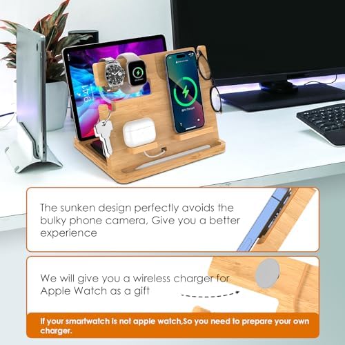 Eco-Friendly Bamboo Multi-Device Wireless Charging Station for i Phone, i Pad & Air Pods – Fast, Sleek, and Versatile Charger Stand for All i Phone Models 14/13/12/11 Pro Max/X/Xs Max/8, Air Pods Pro, & i Watch Series SE, 2-8 – Enhance Your Workspace with Sustainable Power Solutions