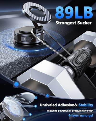 Ultra-Suction Magnetic Phone Holder for Mag Safe – 89+ lbs Grip & 3200 gf Magnetic Force – 360° Adjustable Mount for i Phone & Android Devices – Versatile Hands-Free Car, Gym, or Mirror Use – Durable Black Design for Safety and Convenience