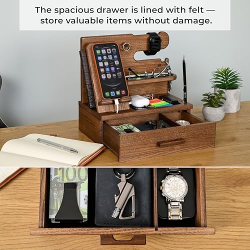TESLYAR Wood Phone Docking Station with Drawer – Nightstand Organizer – Desk Organizer for Husband – Birthday Gifts for Men, Dad, Anniversary Idea, Key Holder Stand Watch & Accessories (Bourbon Brown) – Enhanced Compatibility and Speed