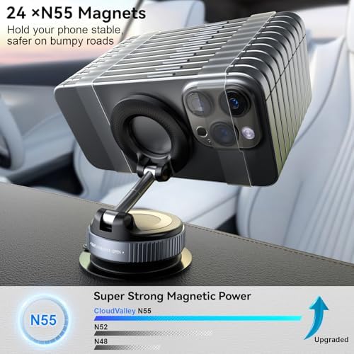 CloudValley Magnetic Car Phone Mount, [Compatible with MagSafe] 360° Adjustable Foldable Holder for Dashboard, 80LBS Suction & 2800gf Magnet, Car Accessories for iPhone 16 Pro Max 15 14, Black – Enhanced Compatibility and Speed