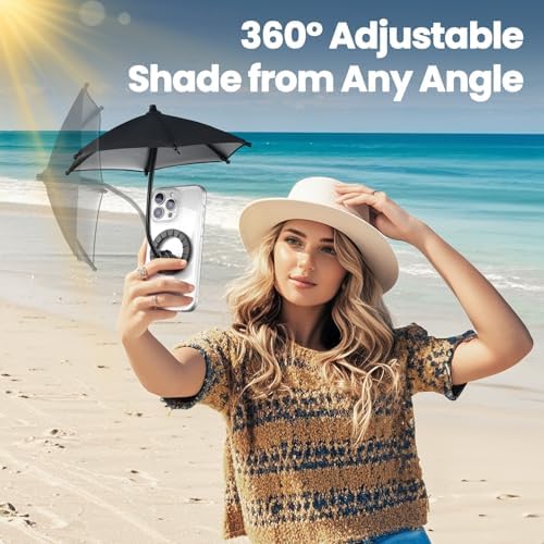OUTXE Magnetic Phone Umbrella, Universal Mini Tanning Sun Shade Cover Compatible with Magsafe Cell iPhone/Android/iPad/Kindle (Black) – Enhanced Compatibility and Speed
