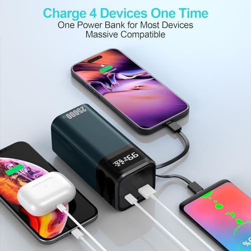 High-Capacity 25000 m Ah Power Bank with Advanced EV 4680 Battery Technology – Ultra-Fast Charging Portable Charger Featuring Built-in USB-C Cable and 4 Ports for Simultaneous Multi-Device Charging – Ideal for i Phone 16/15 Pro Max, i Pad, Galaxy and More – Exceptional Performance for On-the-Go Power Needs
