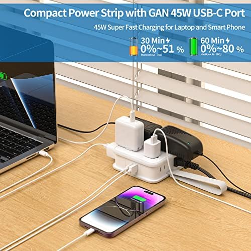 NTONPOWER 8-Outlet Flat Plug Power Strip with 45 W USB-C Fast Charging Port – Compact Multi-Device Extender with 5 ft Cord, Ideal for Home and Travel, Compatible with i Phone, Mac Book Pro, Tablets, and Samsung – Smart Design for Organized Charging Solutions